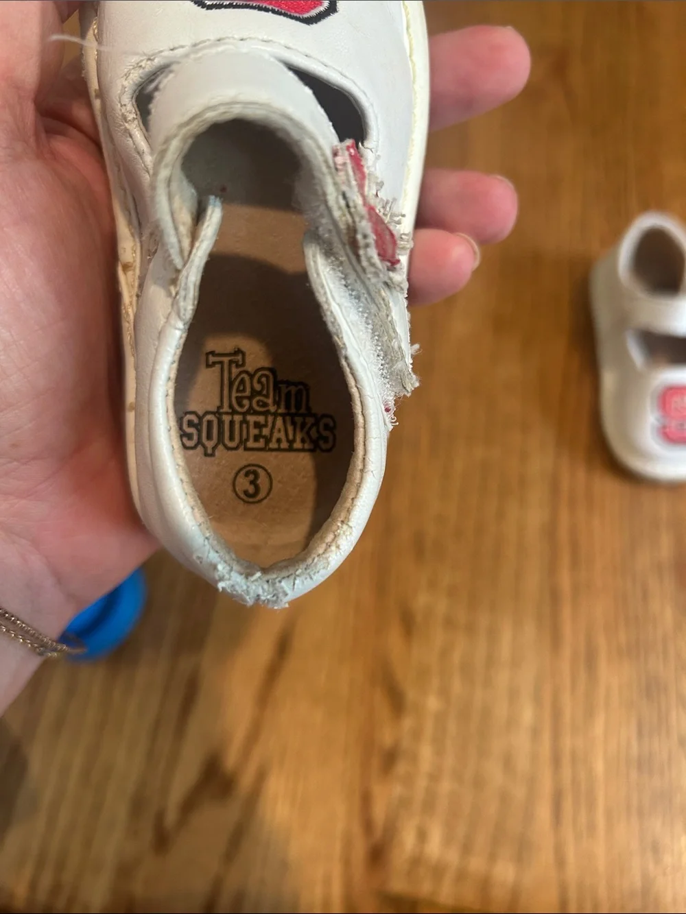 Team Squeaks Kids White Mary Jane Shoes with Red NC State Logo